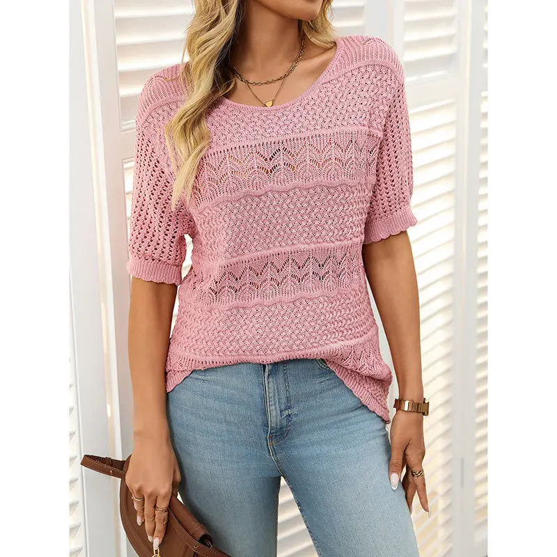 Women's Boho Crochet Knit Hollow-Out Top | Short Sleeve Summer Blouse Vicsxox