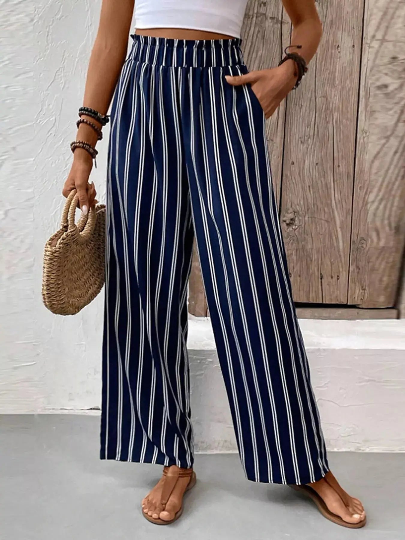 Striped wide-leg pants with elastic waistband, front view