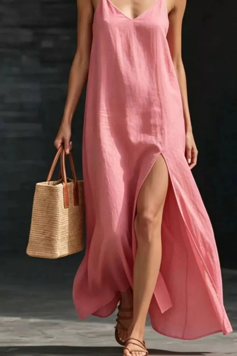 Full length view of slit v-neck maxi dress
