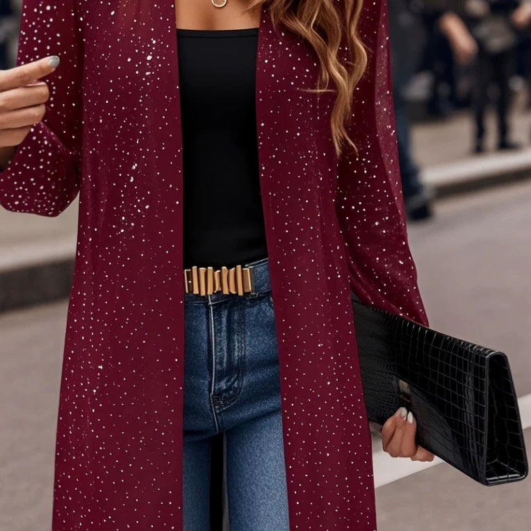 Women's Shimmering Mesh Long Open-Front Cardigan