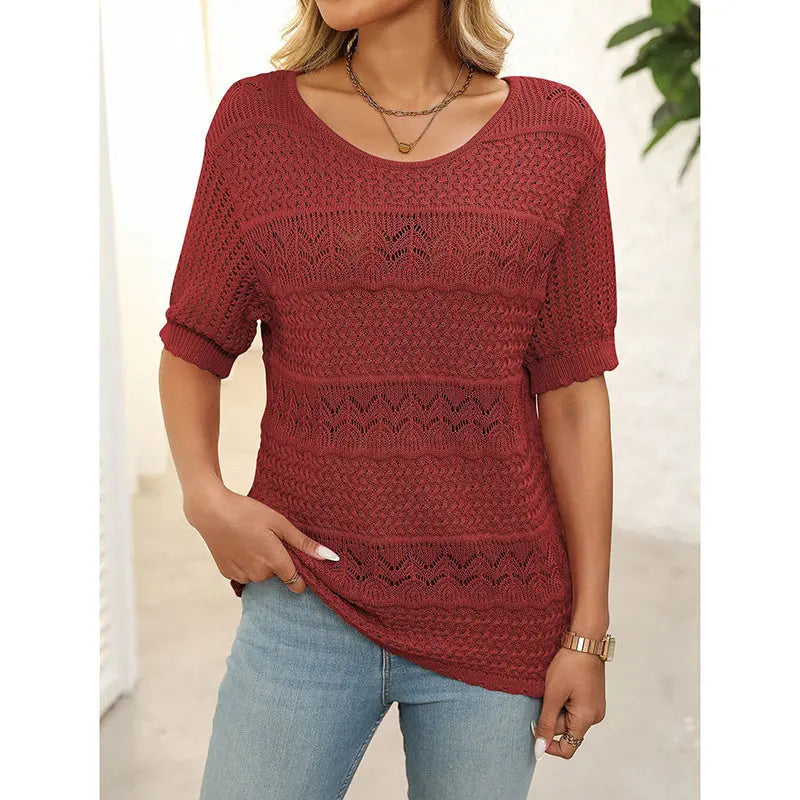 Women's Boho Crochet Knit Hollow-Out Top | Short Sleeve Summer Blouse Vicsxox