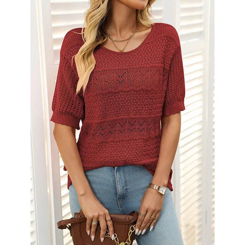 Women's Boho Crochet Knit Hollow-Out Top | Short Sleeve Summer Blouse Vicsxox