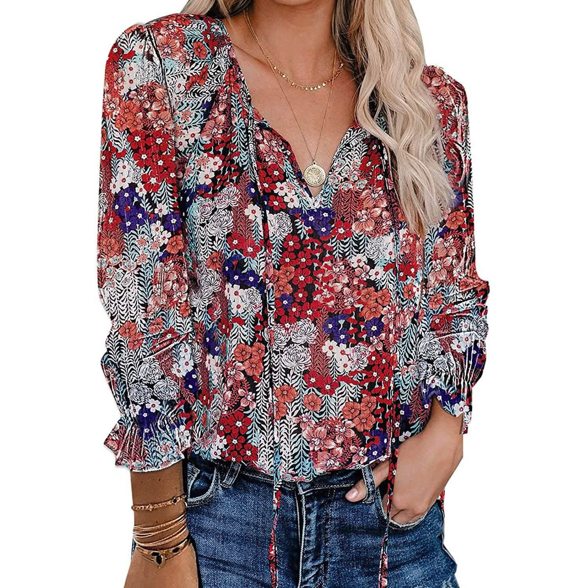 Dokotoo Boho Printed V-Neck Blouse with Long Sleeves