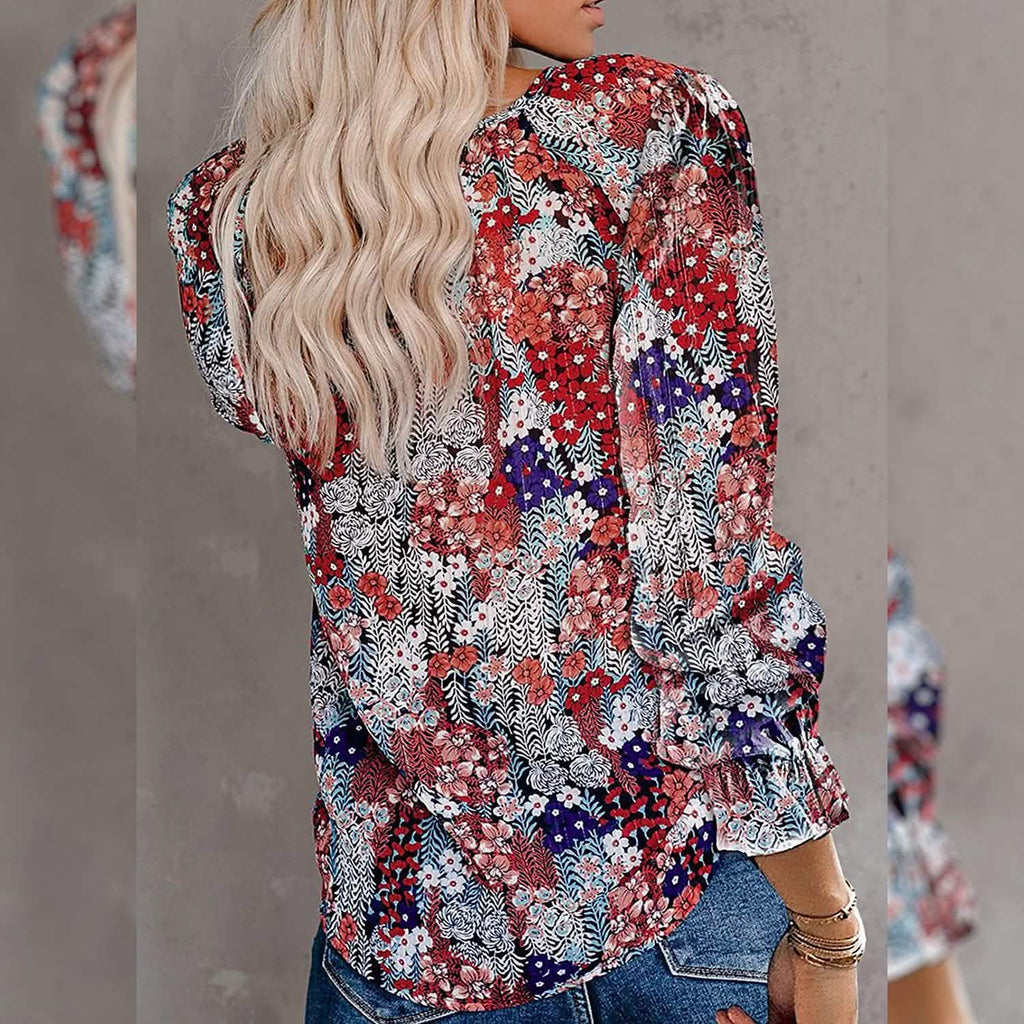 Dokotoo Boho Printed V-Neck Blouse with Long Sleeves