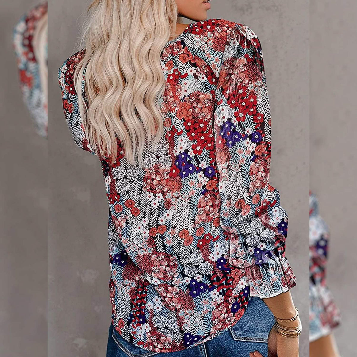 Dokotoo Boho Printed V-Neck Blouse with Long Sleeves