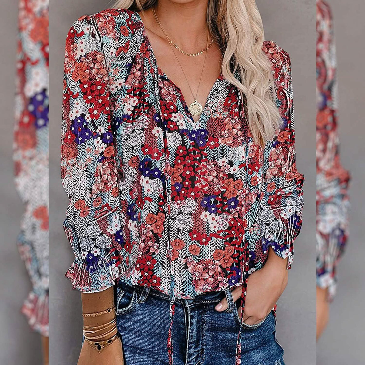 Dokotoo Boho Printed V-Neck Blouse with Long Sleeves
