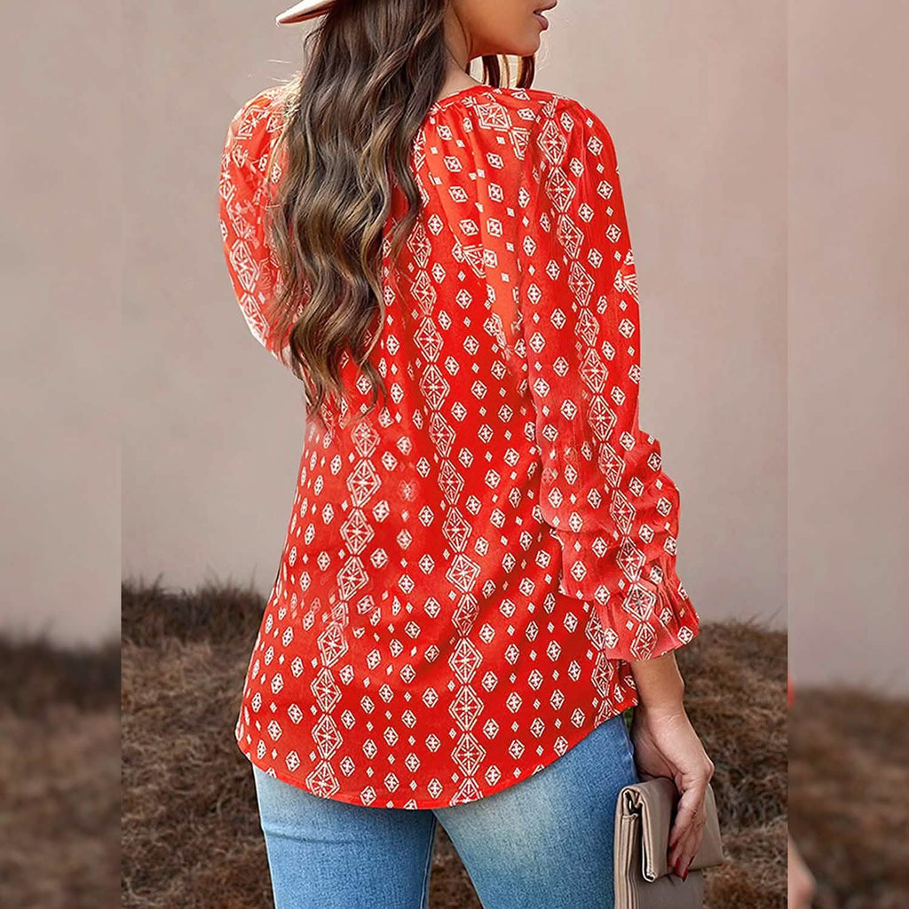 Dokotoo Boho Printed V-Neck Blouse with Long Sleeves