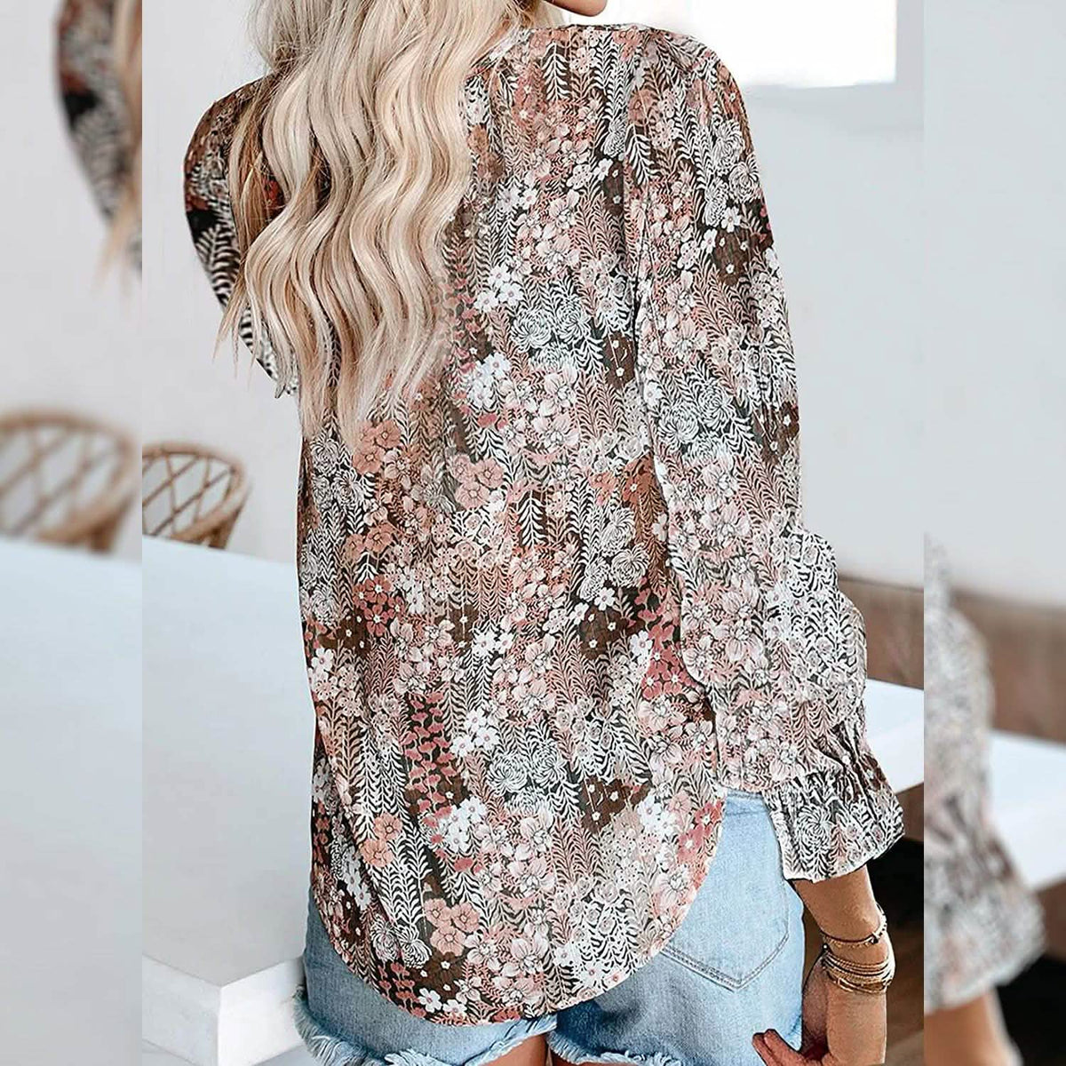 Dokotoo Boho Printed V-Neck Blouse with Long Sleeves