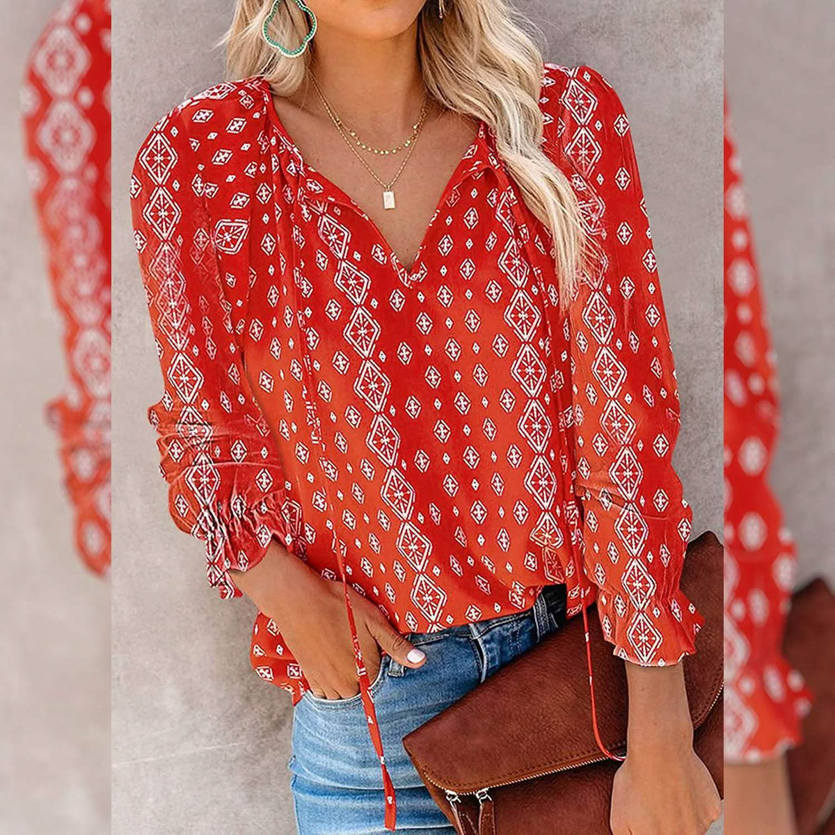 Dokotoo Boho Printed V-Neck Blouse with Long Sleeves
