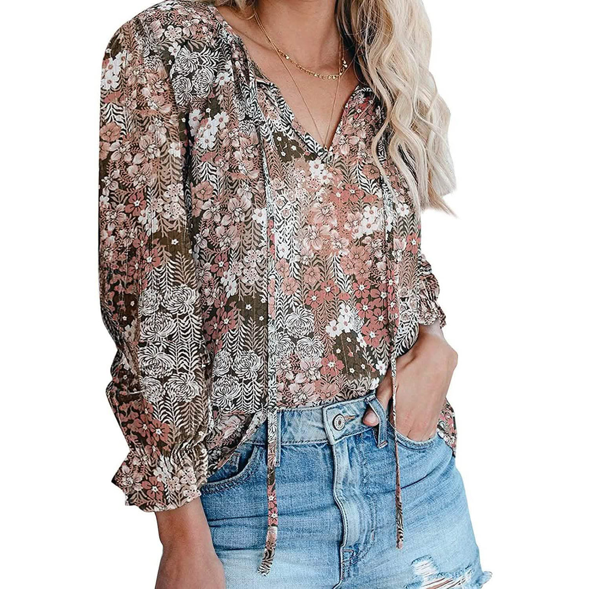 Dokotoo Boho Printed V-Neck Blouse with Long Sleeves
