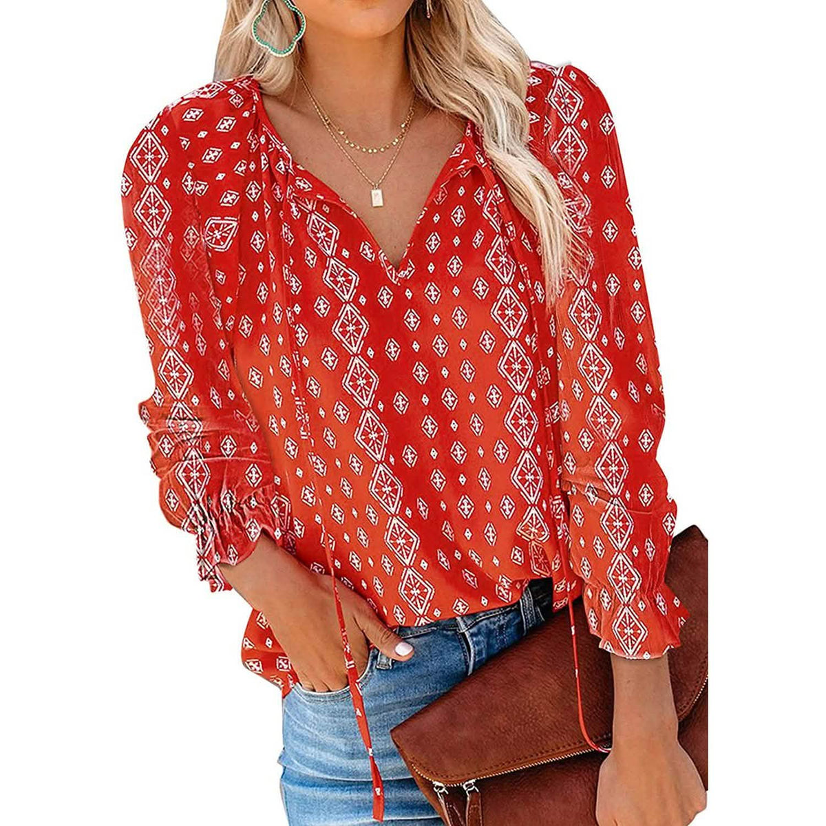 Dokotoo Boho Printed V-Neck Blouse with Long Sleeves