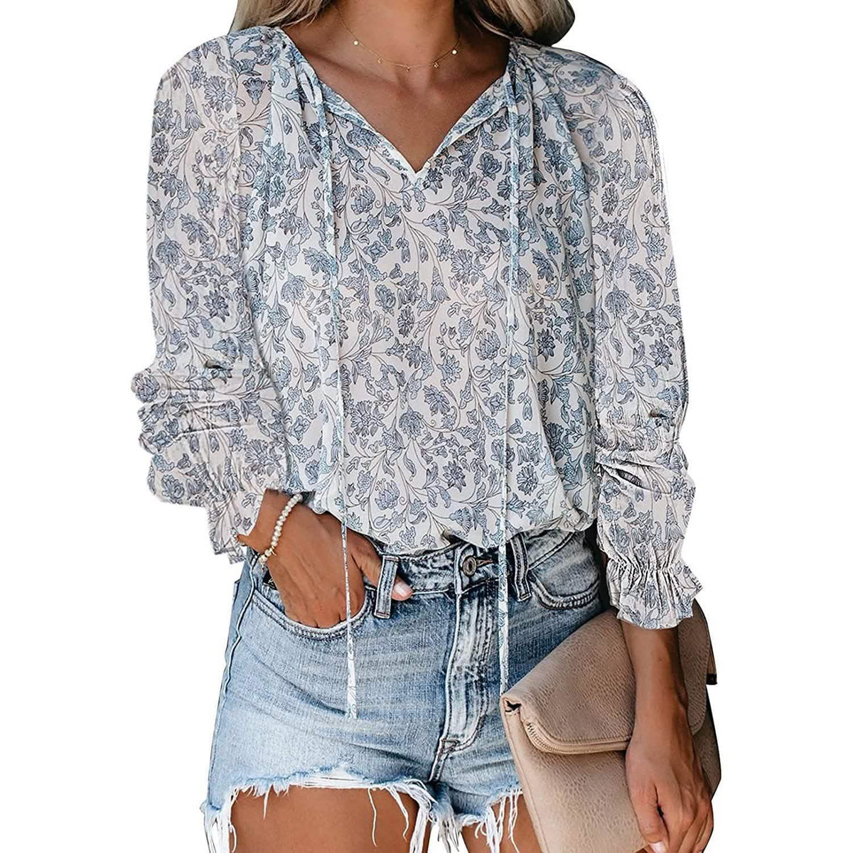 Dokotoo Boho Printed V-Neck Blouse with Long Sleeves
