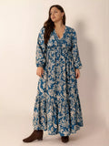 Plus Size Peacock Blue Floral V-Neck Long Sleeve Maxi Dress