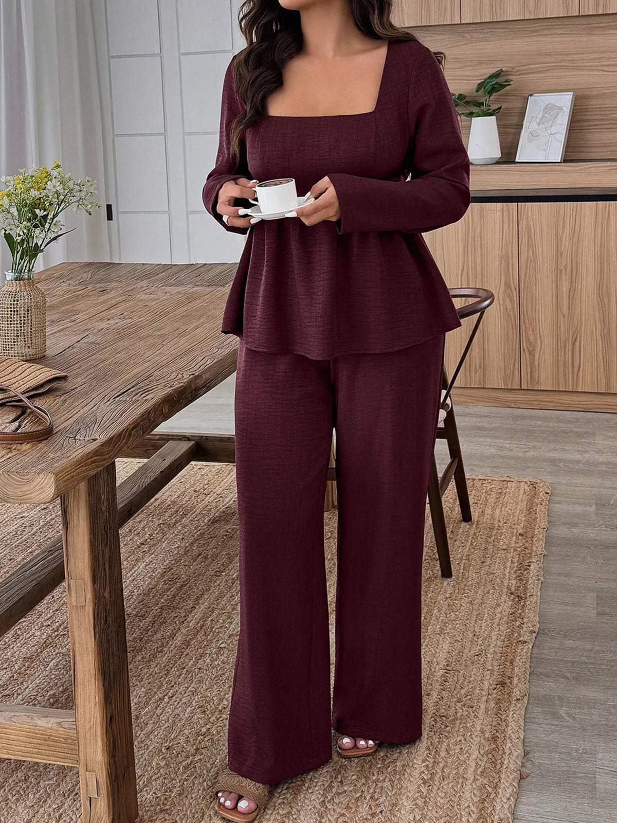 Plus Size Square-Neck Long-Sleeve Top & Pants Set