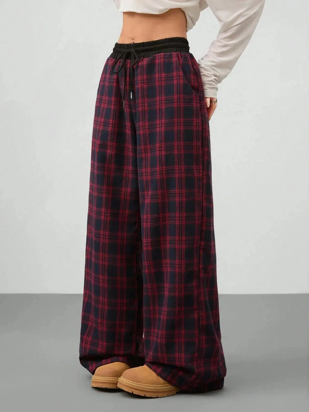 Plaid wide leg pants with drawstring waist, front view
