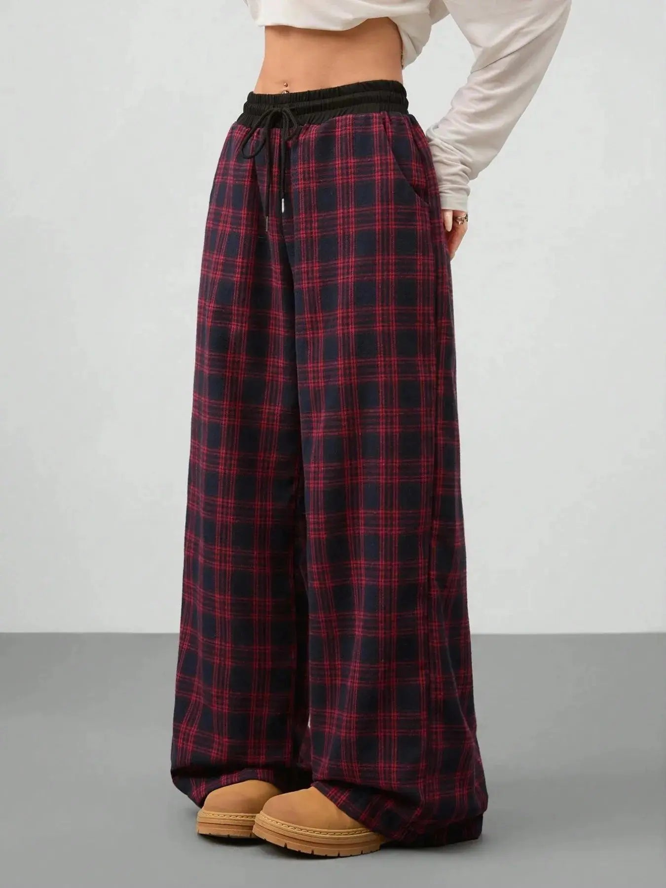 Plaid wide leg pants with drawstring waist, front view