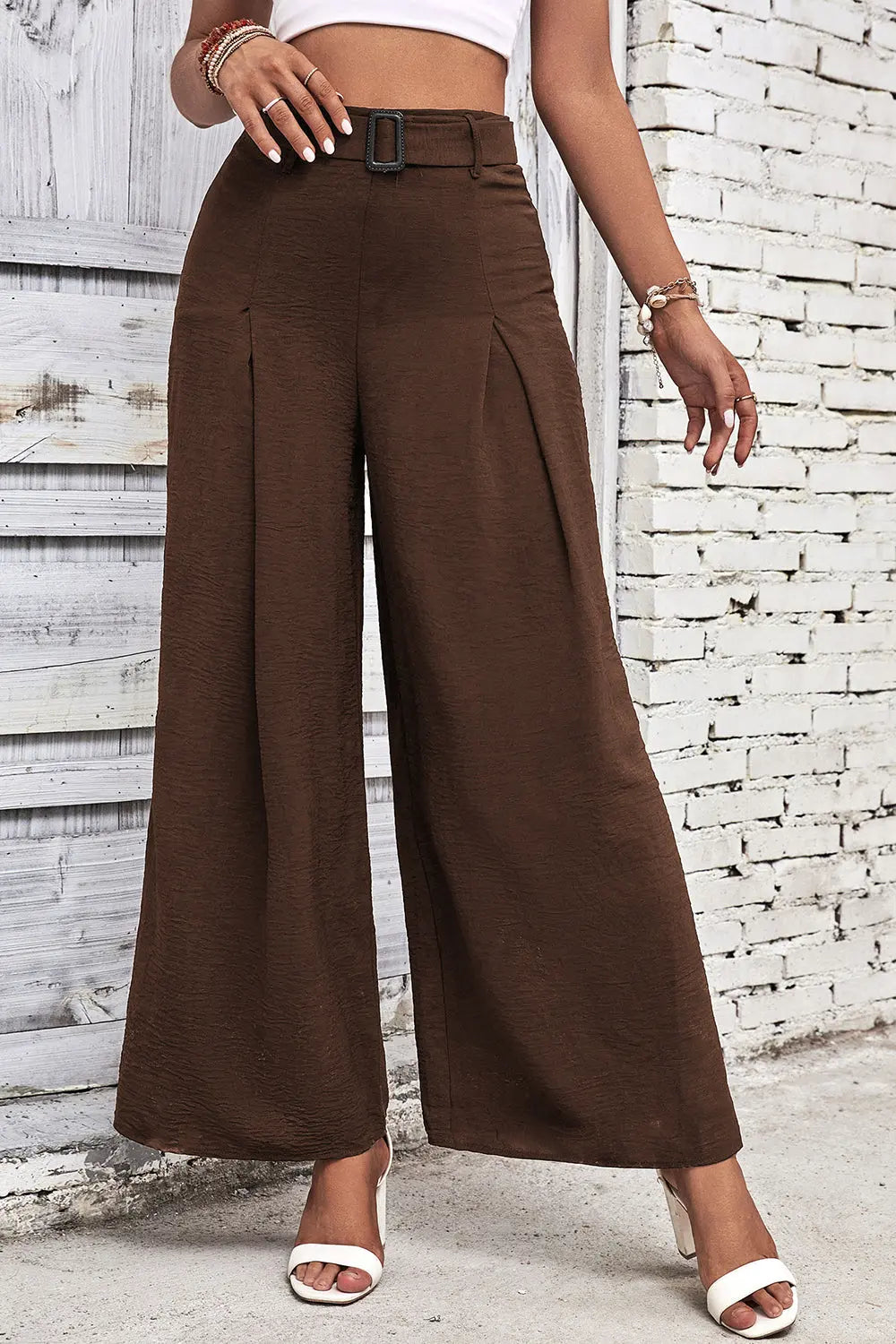 High waisted wide leg pants, front view