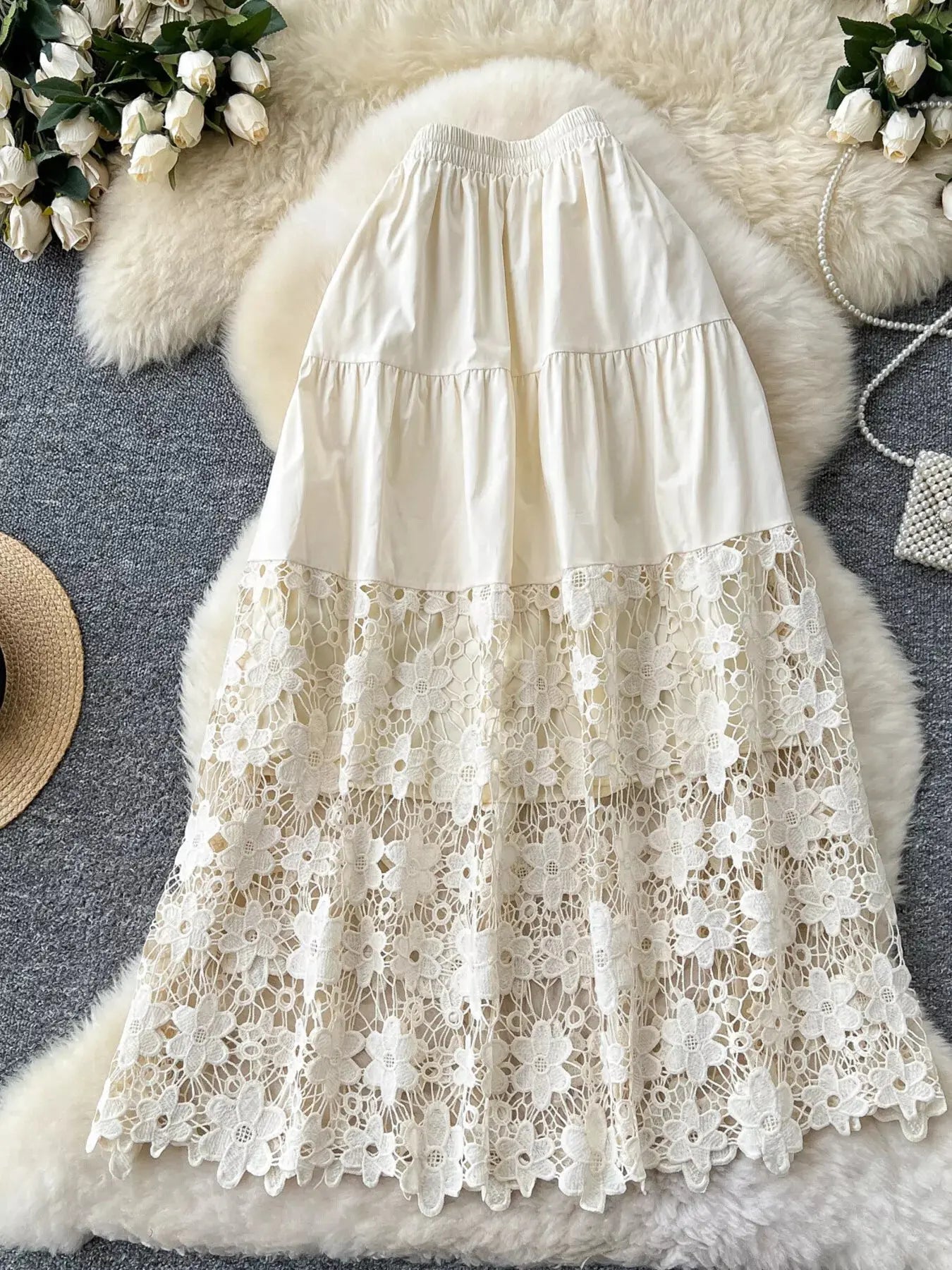 Lace tiered elastic waist skirt, front view