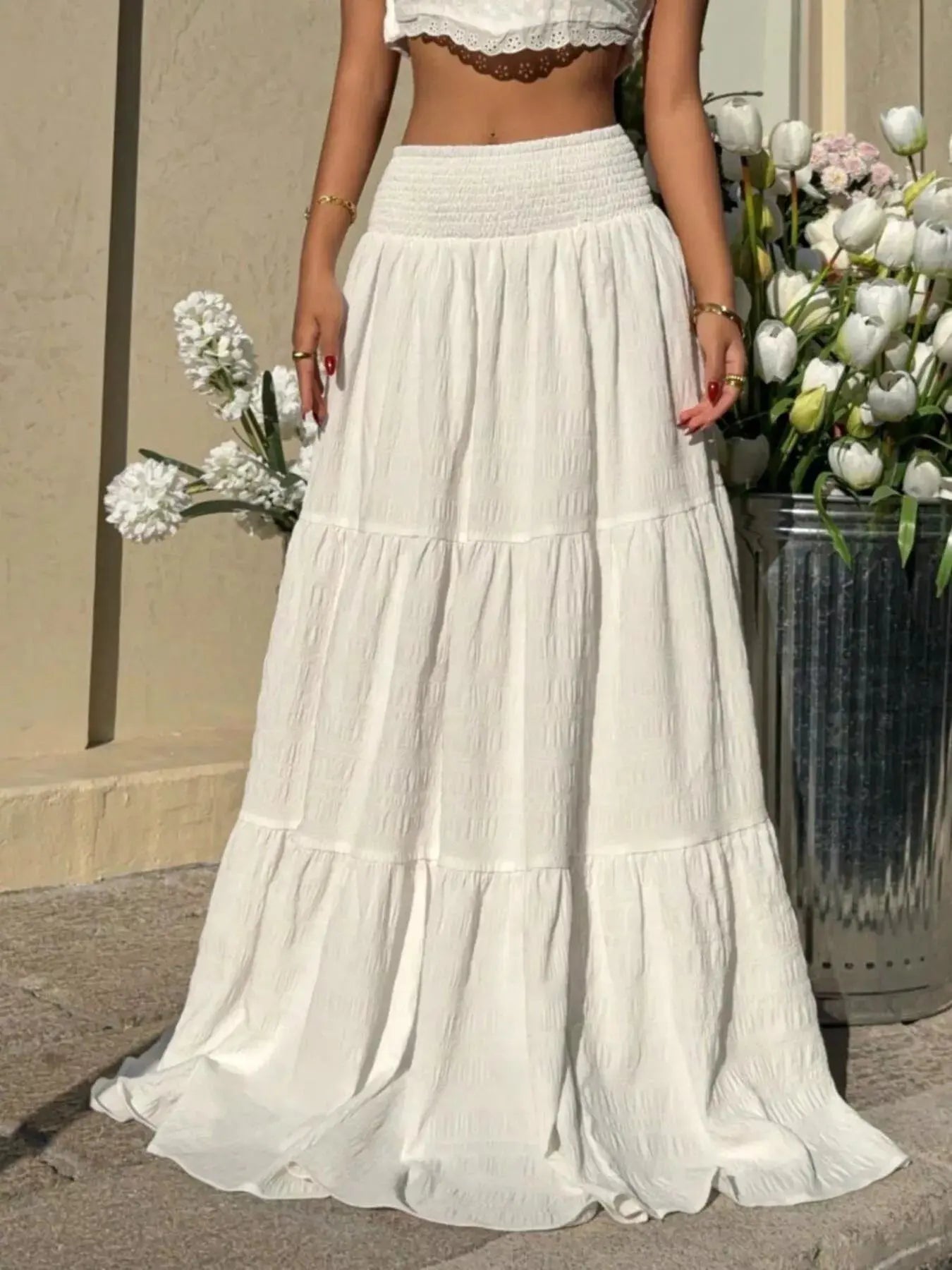 Smocked tiered flowy maxi skirt, front view