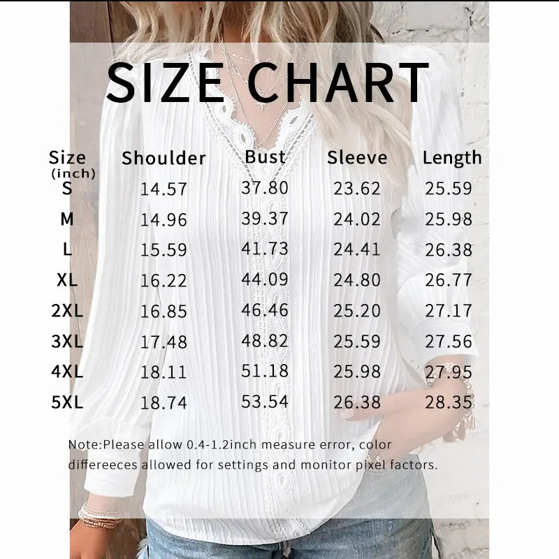 Size chart overlay on a person wearing a white blouse with measurements.