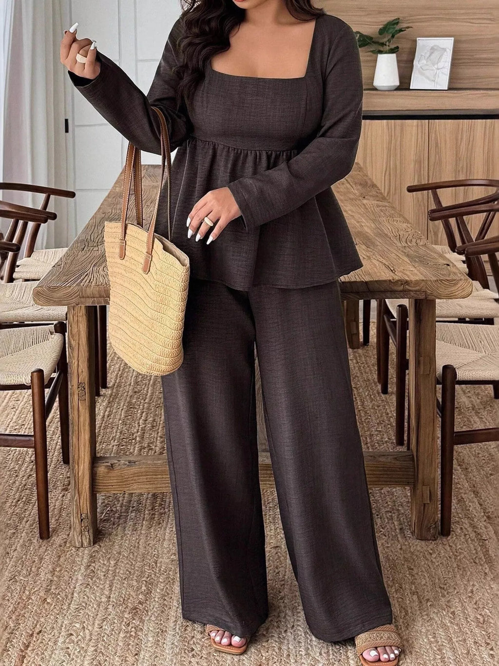 Plus Size Square-Neck Long-Sleeve Top & Pants Set