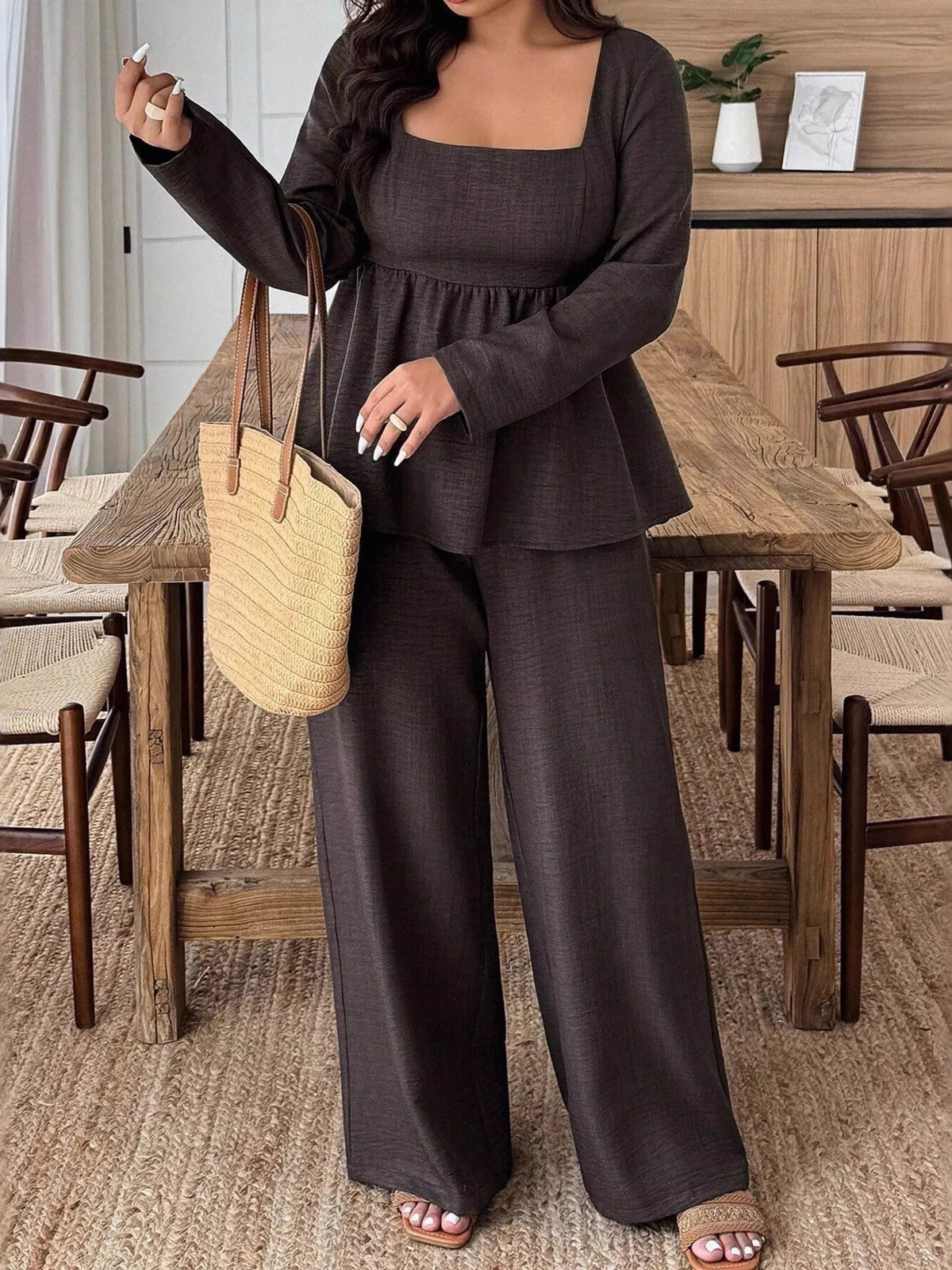 Plus Size Square-Neck Long-Sleeve Top & Pants Set