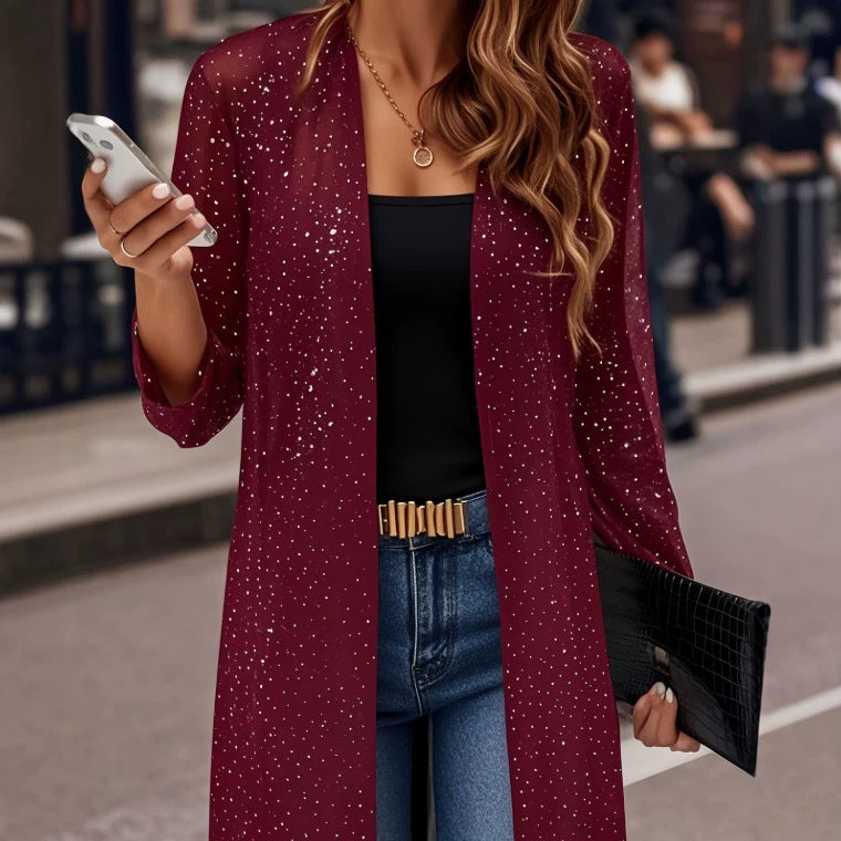 Women's Shimmering Mesh Long Open-Front Cardigan
