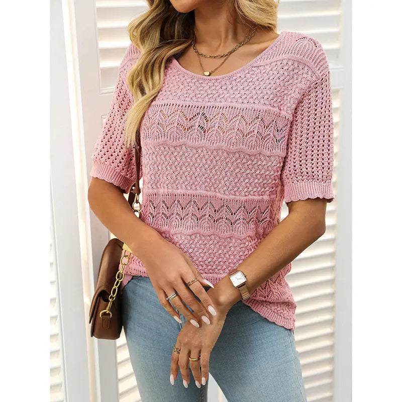 Women's Boho Crochet Knit Hollow-Out Top | Short Sleeve Summer Blouse Vicsxox