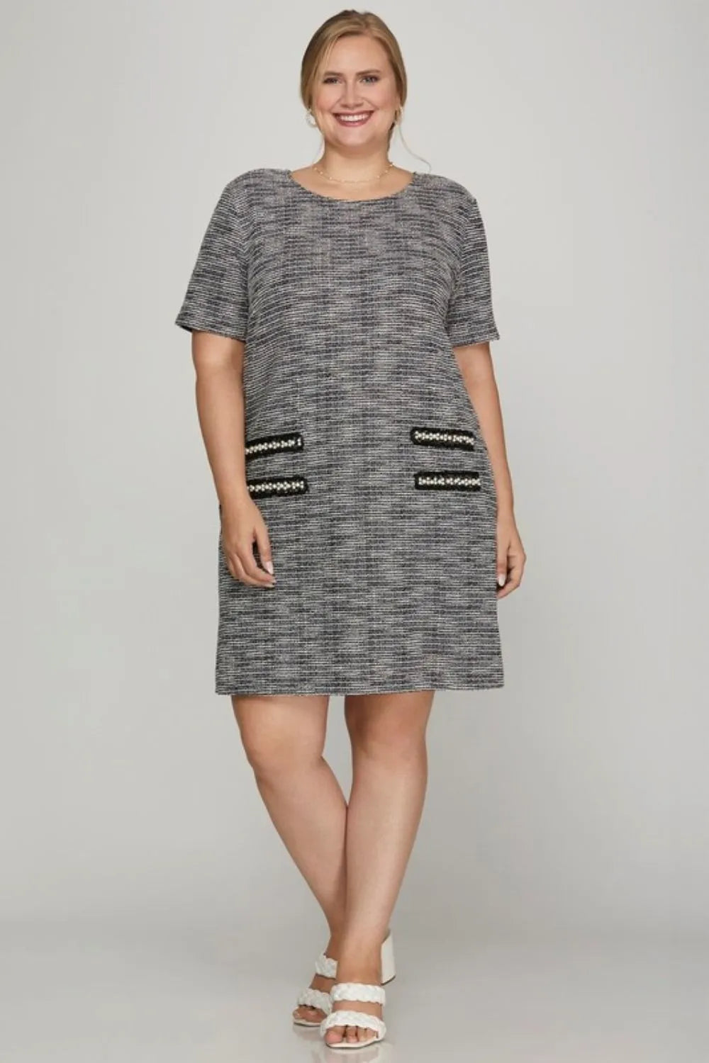 Pearl studded knit tweed dress detail