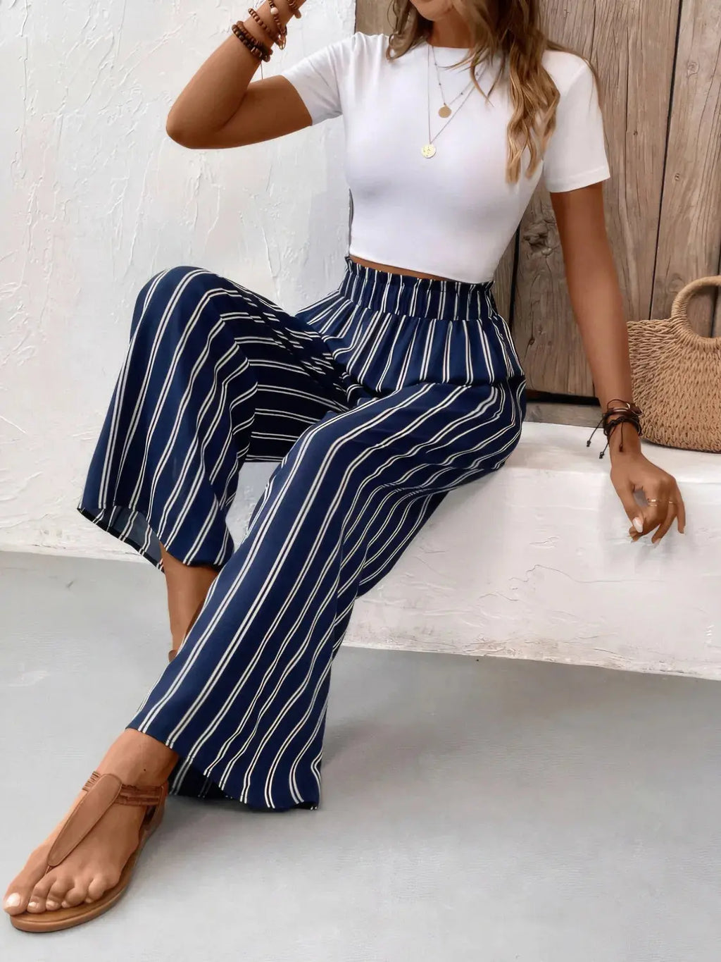 Striped wide leg pants, front view