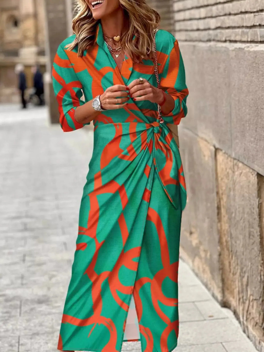 Women's Printed Shirt Dress – Collared, Tied Waist, 4 Colors Vicsxox