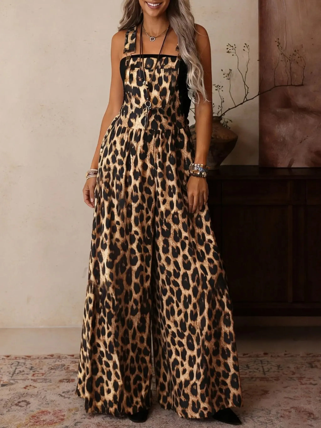 Full length view of leopard print overalls