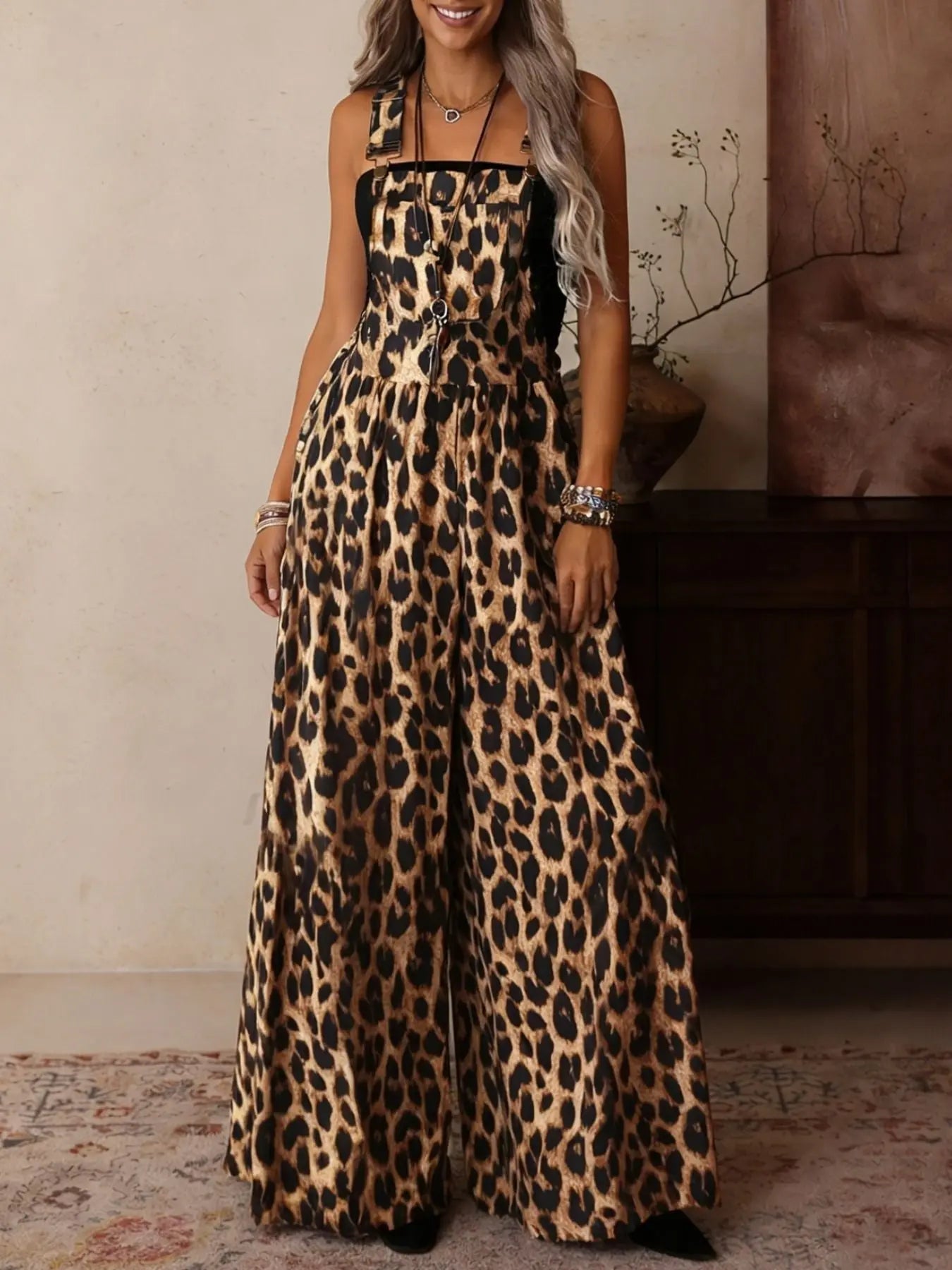 Full length view of leopard print overalls