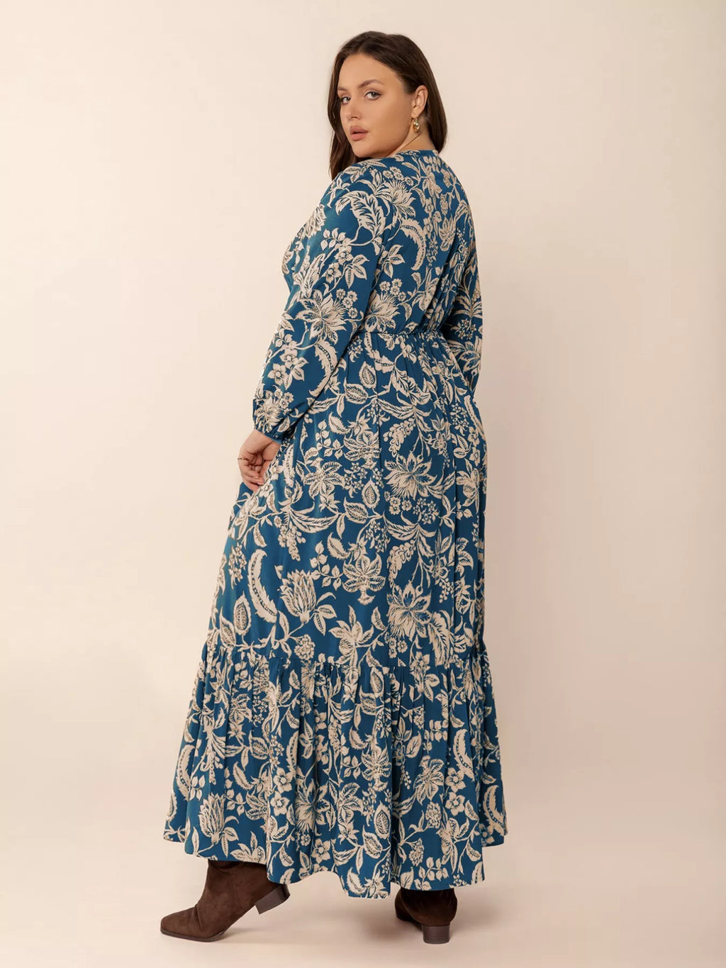 Plus Size Peacock Blue Floral V-Neck Long Sleeve Maxi Dress