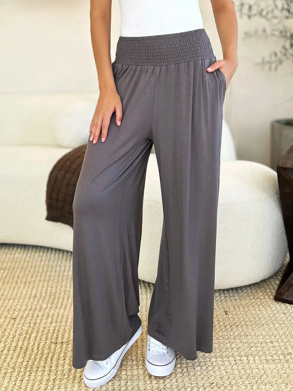Smocked wide waistband wide leg pants, front view