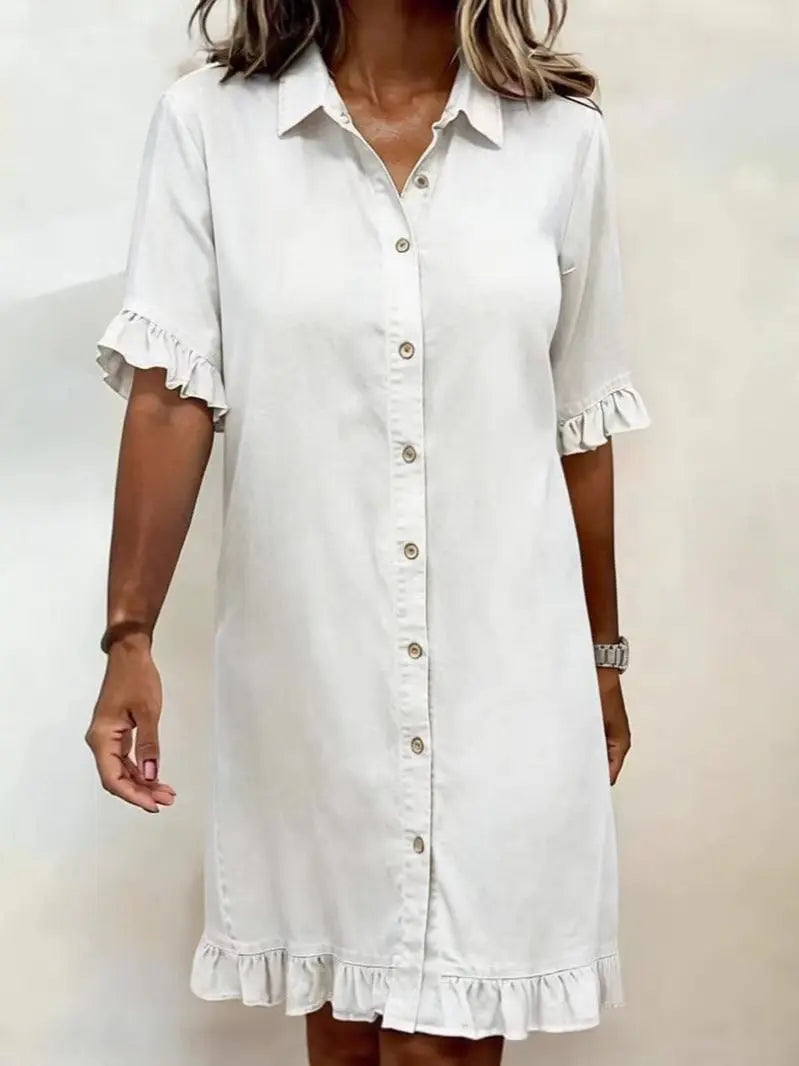Women's Faux Denim Ruffle-Sleeve Shirt Dress Vicsxox