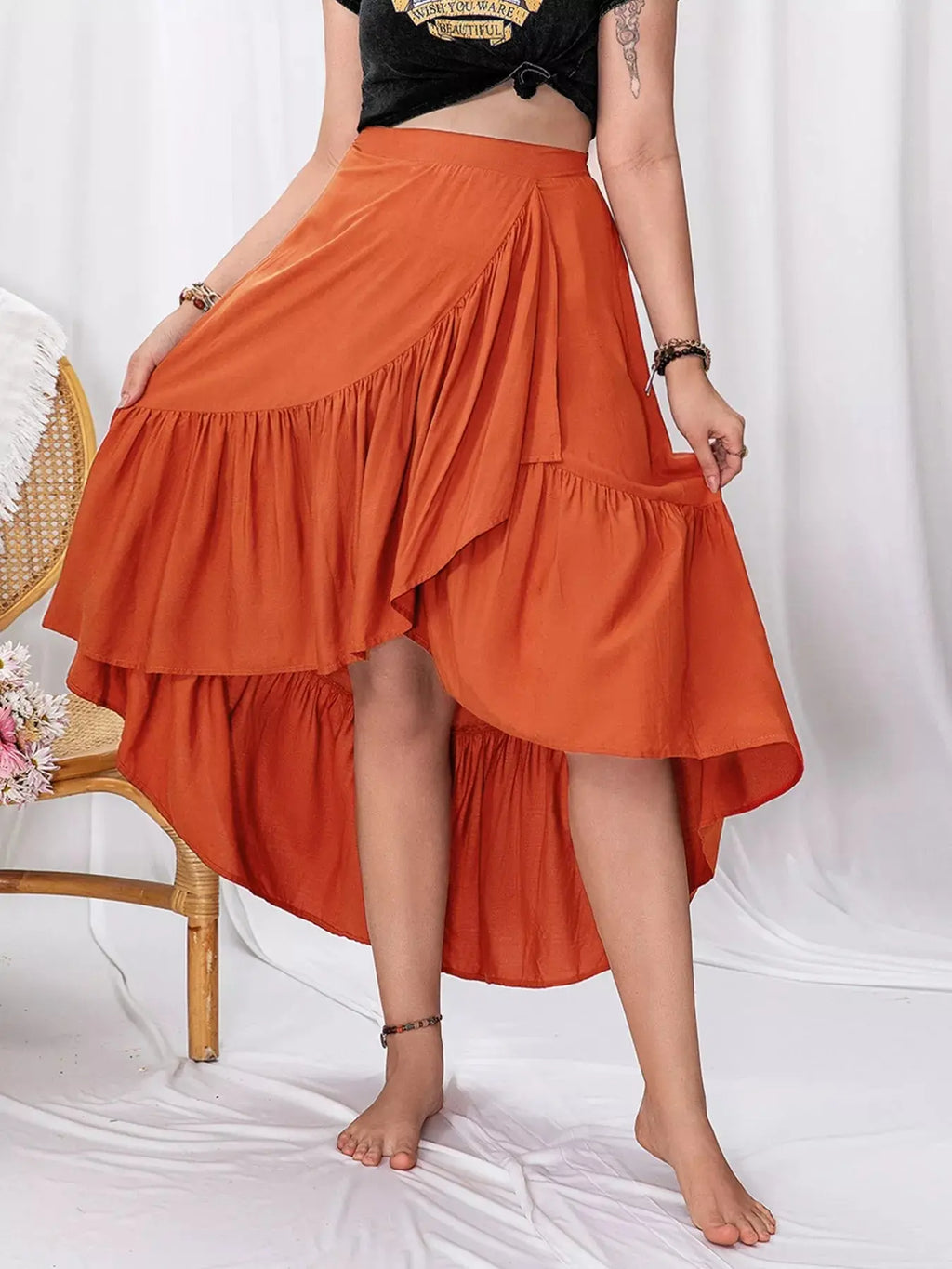 Plus size ruffled high-low skirt, front view