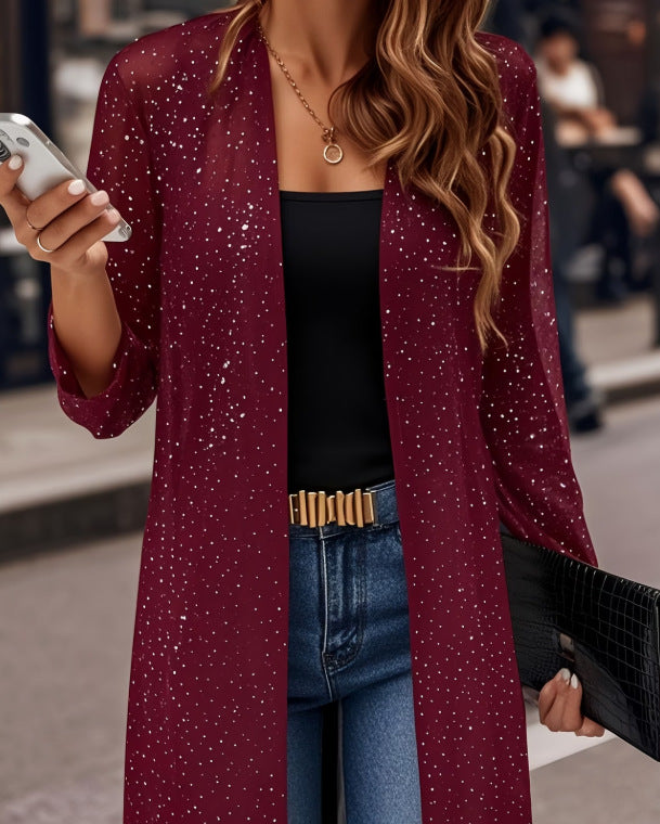 Women's Shimmering Mesh Long Open-Front Cardigan