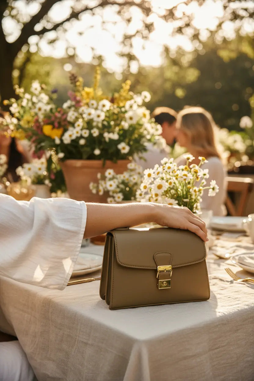 Western faux leather cowgirl buckle handbag styled at a chic outdoor brunch, boho lifestyle fashion photography