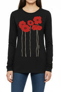Women's black relaxed fit long sleeve round neck tee featuring Marushka original Poppies artisan screen print — five bold red poppies on long stems, cropped torso view, ladies fit, 100% combed ring-spun cotton