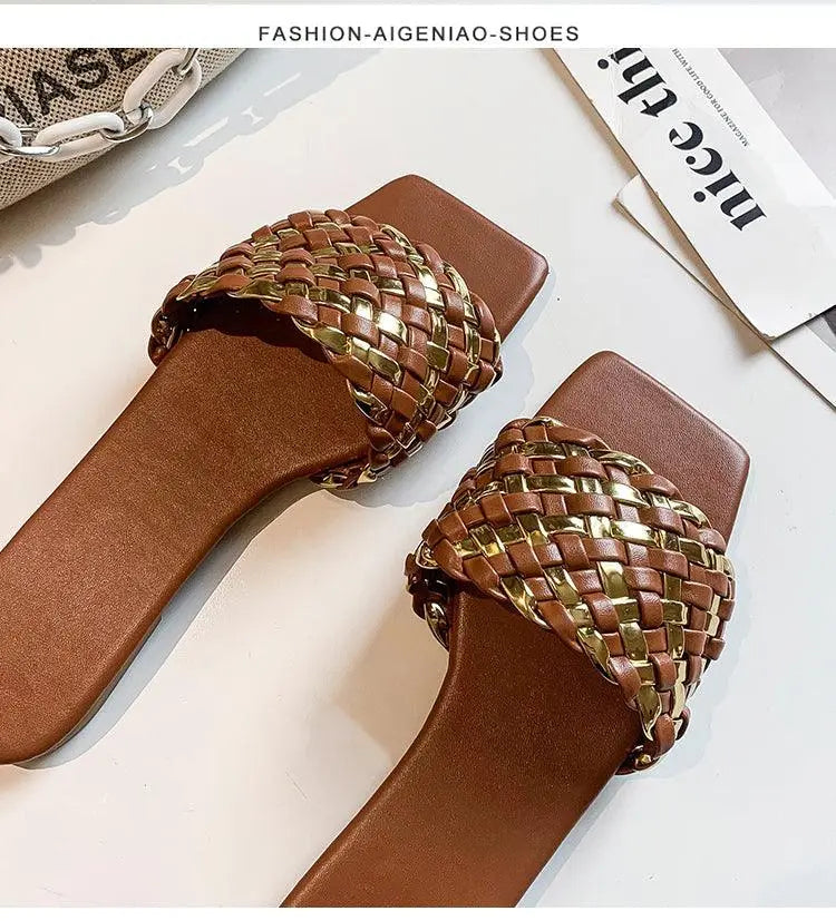 Party Luxury Ladies Slippers Charm Design Open-Toe Beach Flat Sandals Casual Flip Flops Women Shoes Flat Sandals Slip On Slide Sandals Leather Strap Flat Sandals Stevvex