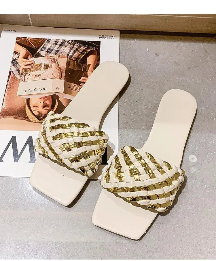 Party Luxury Ladies Slippers Charm Design Open-Toe Beach Flat Sandals Casual Flip Flops Women Shoes Flat Sandals Slip On Slide Sandals Leather Strap Flat Sandals Stevvex
