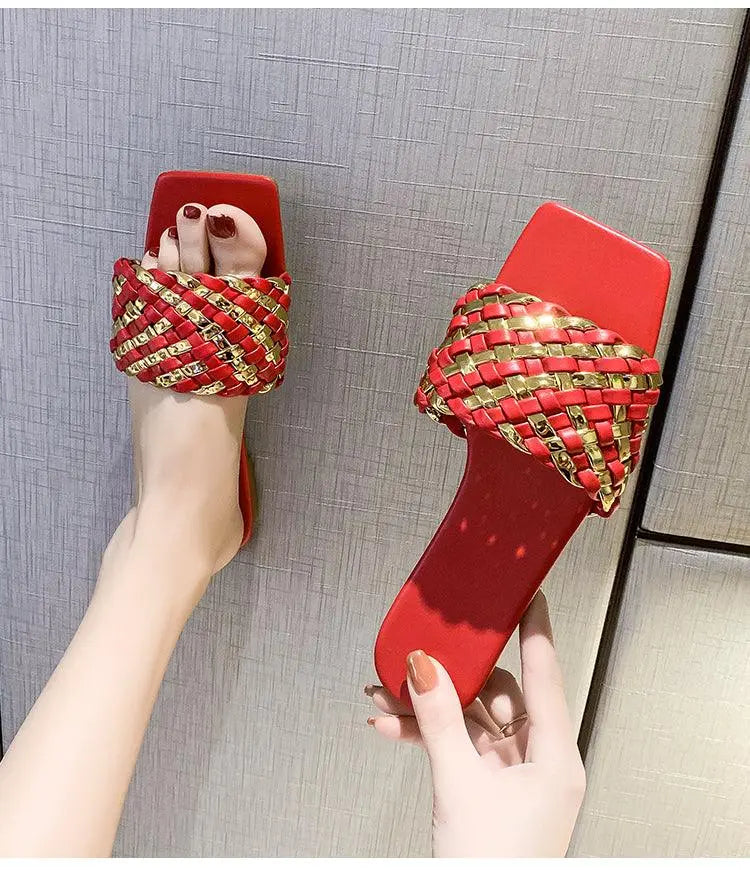 Party Luxury Ladies Slippers Charm Design Open-Toe Beach Flat Sandals Casual Flip Flops Women Shoes Flat Sandals Slip On Slide Sandals Leather Strap Flat Sandals Stevvex