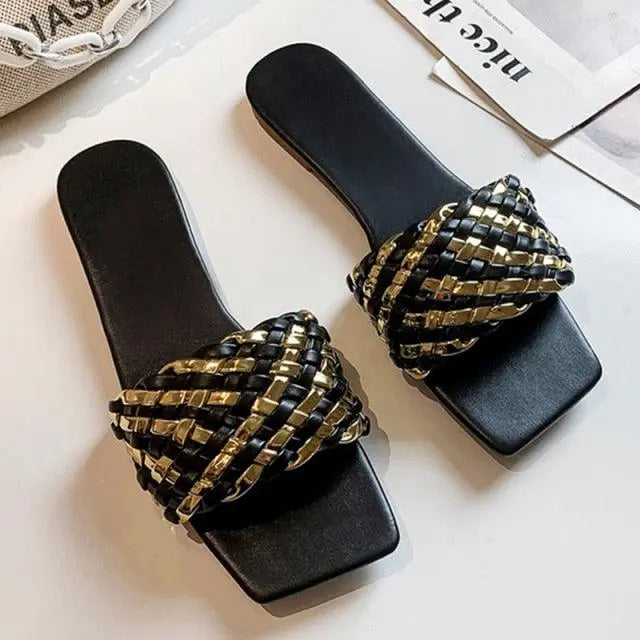 Party Luxury Ladies Slippers Charm Design Open-Toe Beach Flat Sandals Casual Flip Flops Women Shoes Flat Sandals Slip On Slide Sandals Leather Strap Flat Sandals Stevvex