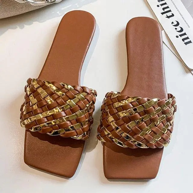Party Luxury Ladies Slippers Charm Design Open-Toe Beach Flat Sandals Casual Flip Flops Women Shoes Flat Sandals Slip On Slide Sandals Leather Strap Flat Sandals Stevvex