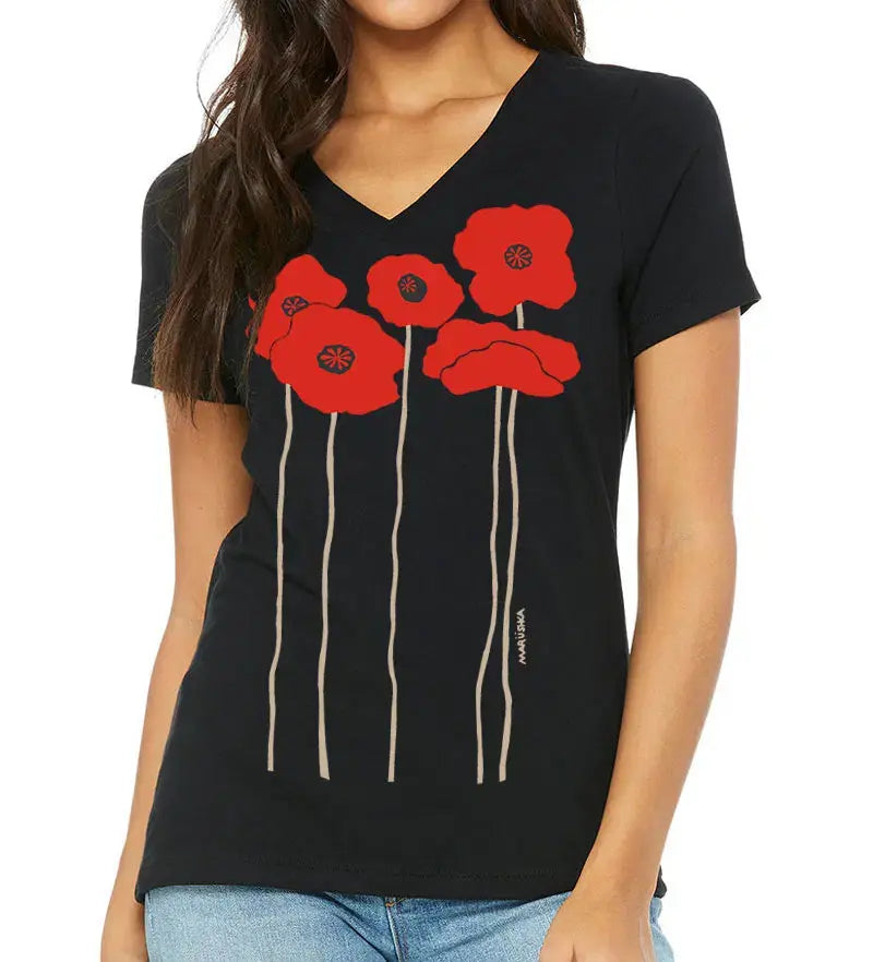 Women's black relaxed V-neck tee featuring Marushka original Poppies artisan screen print — five bold red poppies on long stems, ladies fit, 100% combed ring-spun cotton
