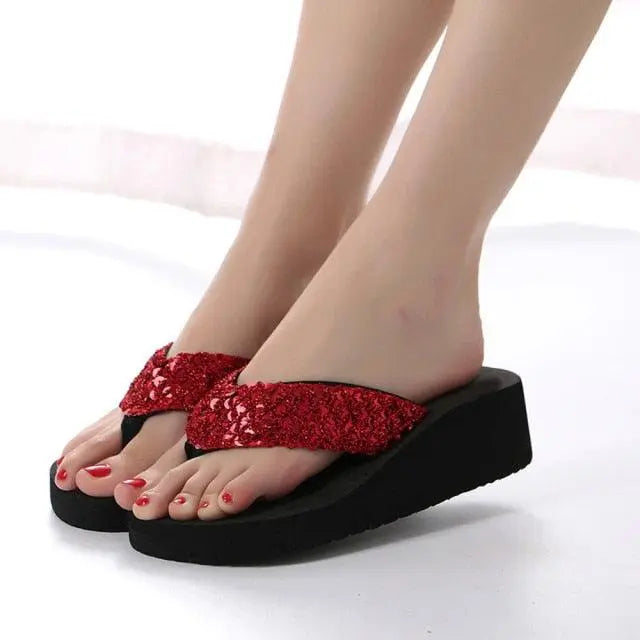 Summer Women Flip Flops Casual Sequins Anti-Slip Slippers Beach Flip Flat Sandals Beach Open Toe Shoes Womens Glitter Bling Fancy Slide Flat Low Sparkle Sandals Elegant Shoes Stevvex