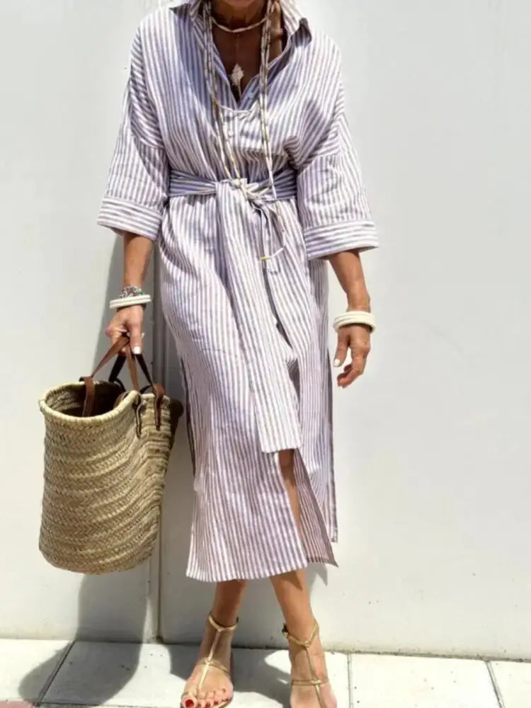 Women's Striped Belted Lapel Shirt Dress | Half Sleeve Midi Vicsxox
