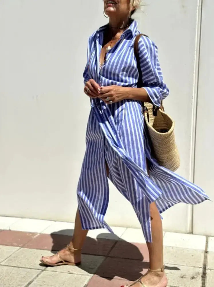 Women's Striped Belted Lapel Shirt Dress | Half Sleeve Midi Vicsxox