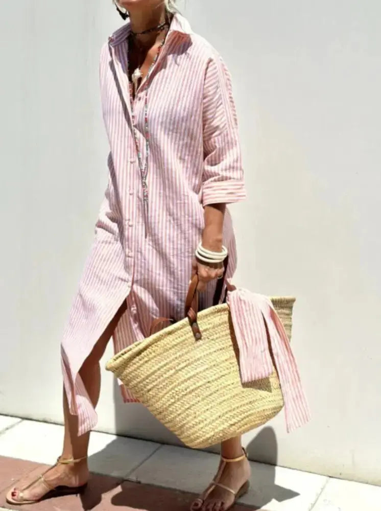 Women's Striped Belted Lapel Shirt Dress | Half Sleeve Midi Vicsxox